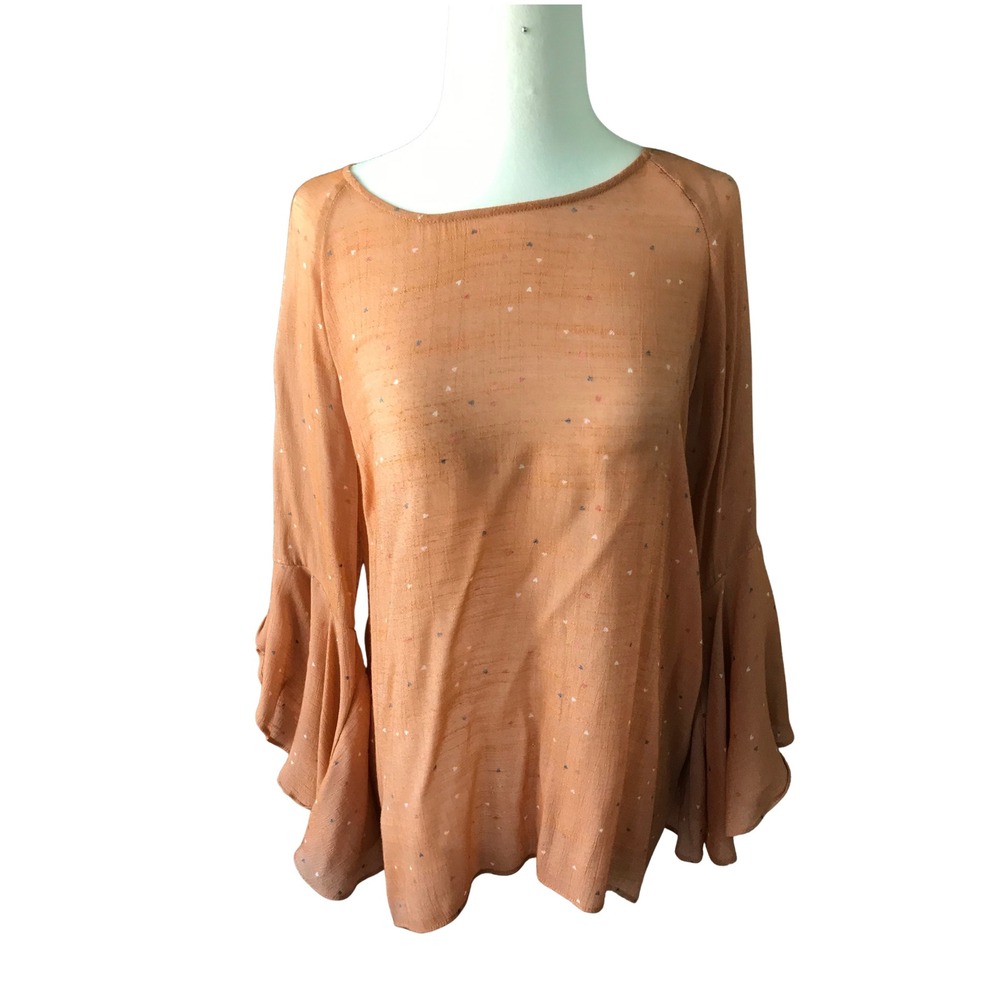 LC Lauren Conrad Bell Sleeve Blouse Orange Heart Print Split Back Top Medium